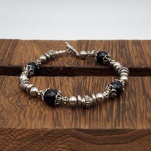 8 Inch 925 Sterling Silver Stylish Unique Black Glass Beads Fancy Bracelet